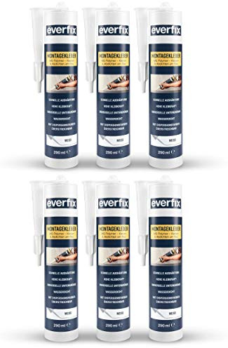 EVERFIX Montagekleber weiss (6 Stück) für innen und außen, extra starker Kraftkleber für Metall, Holz, Fliesen, etc., Baukleber zum Kleben und Abdichten, 325 g / 290 ml