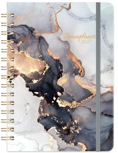 Terminplaner 2027 Ringbuch, A5 Wochenplaner, Marmorgrau | Kalender Januar 2027 - Dezember 2027, Organizer, Terminplaner mit Einstecktasche, 21.4 cm × 14.6 cm