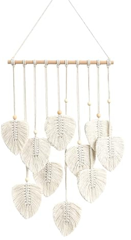 Makramee Wandbehang Boho Deko, Wandteppich Boho Style mit Holzperlen und Blätter, Tapisserie Wanddeko Handgemacht, für Outdoor, Wohnzimmer, Schlafzimmer, Indoor, Geschenke - 40 × 80 cm (Beige)
