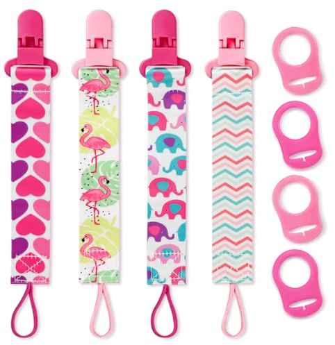 4 Pack Schnullerband Baby mit Adaptern, Fuchsia | Baby Schnullerkette Set, Schnuller Clips für Neugeborenen Geburt & Taufe Geschenk