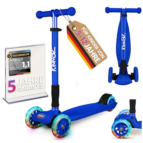 Kinderroller ab 5-12 Jahre kinnaz Two, LED Räder, faltbar, stufenlos Höhe einstellbar, Roller für Kinder extra breit stabil, bis 80KG, ab 5, 6, 7, 8. 9, 10 Jahre, erweiterer Service, aus Hamburg