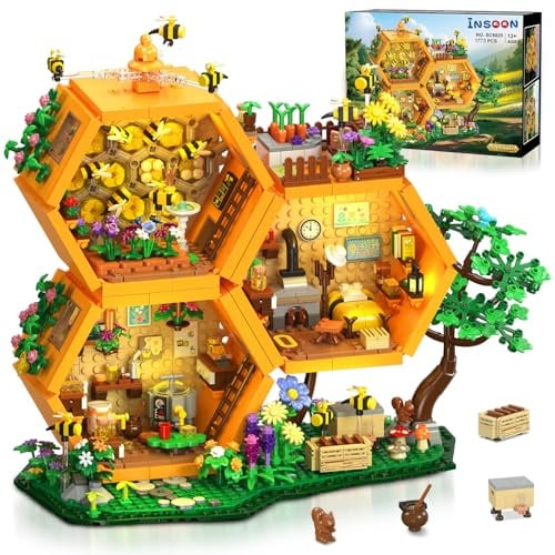 INSOON Bienen Bauernhof Haus Bauset mit Licht, 1773 Stück Honig Cabin Bausteine mit Blumen Botanical Tiere, Baumhaus Klemmbausteine Modell Deko, Geschenk für Erwachsene Jungen Mädchen ab 12 Jahren