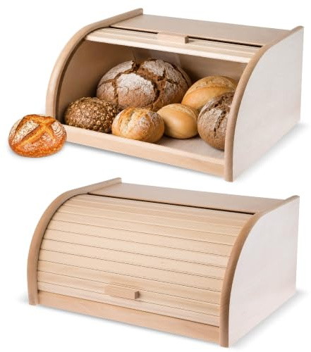 KADAX geräumiger Brotkasten aus hochqualitativem Holz, Brotbehälter mit Rolldeckel für längere frische, Brotbox mit Frontklappe, öko, Rollbrotkasten, Brotaufbewahrung (Natur)