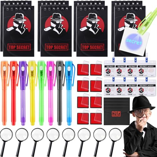 48STK. Detektiv Kindergeburtstag Mitgebsel mit UV Stift, Notizbuch,Fingerabdruck Stempelkissen, Detektivausweis,Lupen, Dedektivset Detektivkoffer Pinata Füllung Give Aways Gastgeschenk Kinder