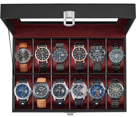 SONGMICS Uhrenbox mit 12 Fächern, Uhrenkasten, Glasdeckel, Uhrenkoffer, herausnehmbare Uhrenkissen, Metallverschluss, Geschenkidee, PU-Bezug in Schwarz, Samtfutter in Weinrot JWB120R01