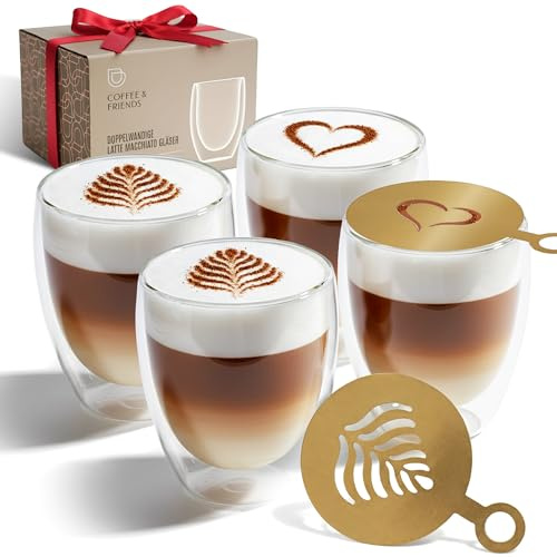 COFFEE & FRIENDS® Latte Macchiato Gläser 4er Set 330ml doppelwandig | Hitze- & kältebeständig, ohne Kondenswasser, Borosilikatglas, spülmaschinengeeignet, stilvoll verpackt in Geschenkbox