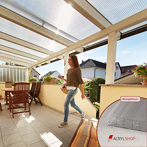Acrylshop24 Terrassendach Terrassenüberdachung Carport Komplettset Polycarbonat 16mm X-Struktur Stegplatten farblos 16mm Stegplatten Tiefe:4000mm|Breite:4100mm - Mehrere Maße verfügbar