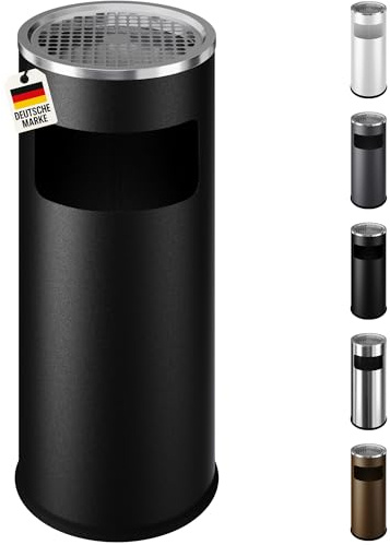 WELLGRO 2 in 1 Standaschenbecher Edelstahl für draußen – Wetterfester Standascher schwarz mit Mülleimer & Abfalleimer, großer Aschenbecher für Außenbereich, Terrasse, Eingang & Gewerbe