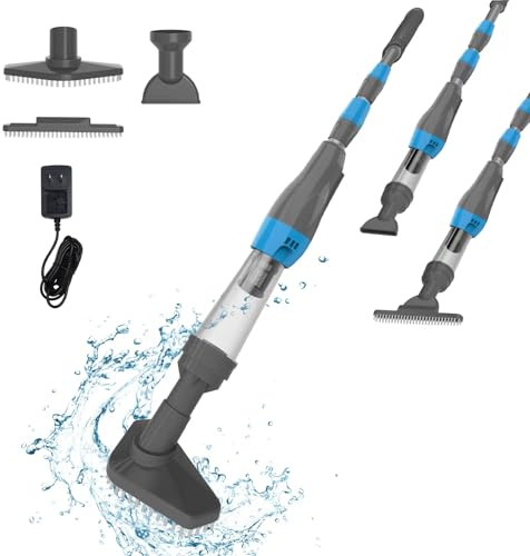 PoolyPoly 3 en 1 Poolsauger Kabellos mit Akku, Pool Handsauger Bodensauger, Poolreiniger mit Teleskopstange, 90 Minuten Laufzeit Pool Staubsauger für kleine Pools, Spas, Whirlpools, Grau