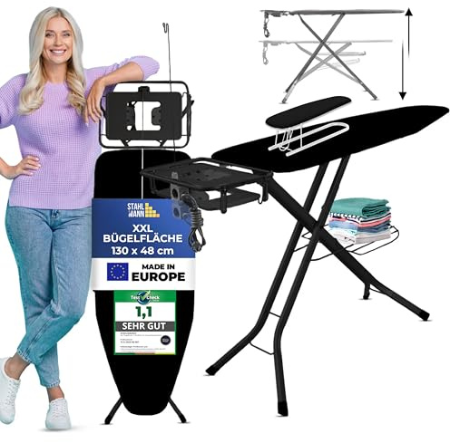 STAHLMANN® Bügelbrett für Dampfbügelstation [130 × 48 cm] mit Ärmelbrett | schwarz | Made in Europe | inklusive Ärmelbrett | 100 % Baumwolle Turbobezug | extra stabil | höhenverstellbar
