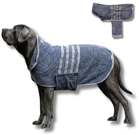 SNIFFLS Hundebademantel XXL für sehr große Hunde - schnelltrocknende Mikrofaser - maschinenwaschbar 40°C - Bademantel Hund mit verstellbarem Bauchgurt - in Europa produziert - Grau