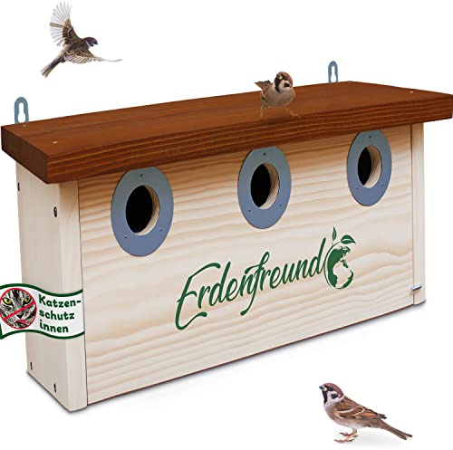 ERDENFREUND® Spatzen Nistkasten Marder-/Katzenschutz räubersicherer Brutkasten für Vögel pickfester Metall-Spechtschutz rostfrei 3er Spatzenhaus 34 mm (Kolonie Nistkasten Sperling 3 Nisträume)