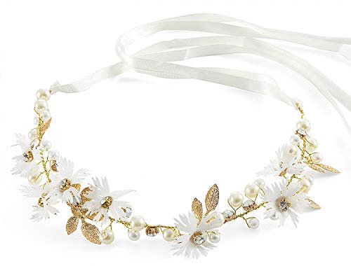 Czemo Blumenstirnband Braut Blumenkranz mit Künstliche Blättern,Blumen und Perle Strass Blumen-Haarbänder Braut Hochzeit Haarschmuck für Damen Mädchen