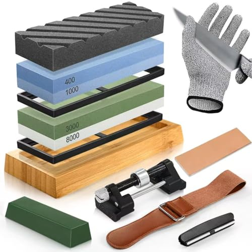 Schleifstein Set - Abziehstein Wetzstein für Messer 400/1000/3000/8000 | mit Rutschfeste Unterlage, Schnittschutz Handschuhe, Winkelführung, Flachstein, Schleifhilfe, Lederstreifen, Polierpaste