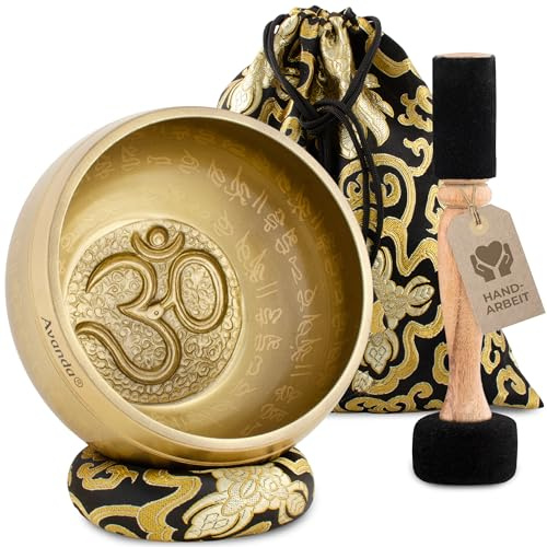 Tibetisches Klangschale-Set Om für Yoga, Meditation und Entspannung - handbemalte Tibetische Klangschale Ø 16 cm, Doppel-Schlägel mit Filz und Leder, Ring-Kissen, Beutel und Anleitung