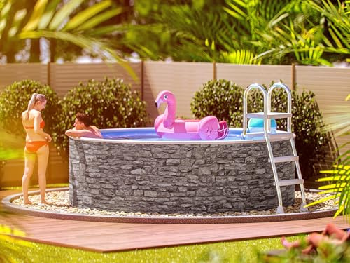 poolomio® Stahlwandpool rund 360 x 90 cm Steinoptik | Robuster Gartenpool als Aufstellbecken oder Einbaupool | Aufstellpool Komplettset mit Innenfolie 0,5 mm, Skimmer & Einlaufdüse