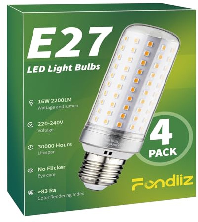 Fondiiz E27 LED Warmweiss 3000K, 16W 2200LM Extra Hell Glühbirne E27 Entspricht 200W Halogenlampe, LED Birne e27 230V, Energiesparlampe E 27 Maiskolben, Leuchtmittel e 27 Nicht Dimmbar, 4er Pack
