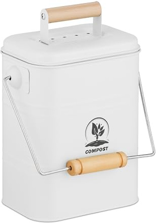 Relaxdays Komposteimer Küche, 3,5 Liter, 2 Aktivkohlefilter, mit Deckel, Henkel, Eisen & Holz, Biomüllbehälter, weiß
