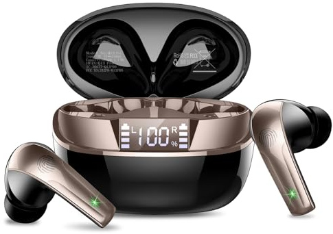 Bluetooth Kopfhörer, Kopfhörer Kabellos Bluetooth 5.4 HiFi Stereo mit ENC Mikrofon, 47Std Spielzeit Ohrhörer mit IP7 Wasserdicht, Mini In Ear Kopfhörer mit LED Anzeige für iOS/Android, Schwarzgold