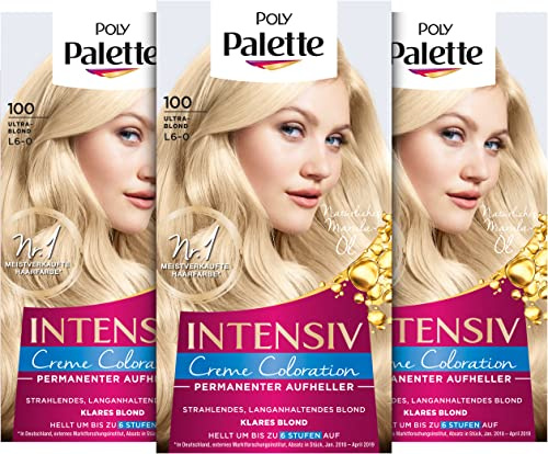 Palette Intensiv Creme Coloration 100/L6-0 Ultrablond Stufe 3 (3 x 125 ml), Permanenter Aufheller für strahlende, langanhaltende blonde Haarfarbe, Anti-Gelbstich-Effekt