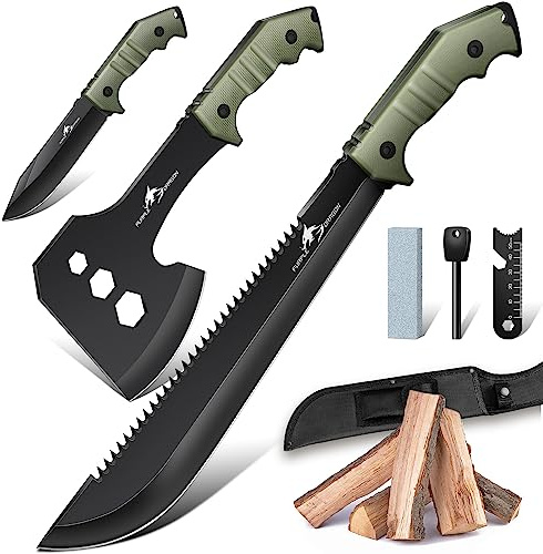 Purple Dragon Großes Messer Outdoor Beil Axt Set mit Scheide, Full Tang Spaltaxt aus einem Stück D2 Stahl gefertigt, Camping Messer Survival zum Sägen von Holz, Geschenke für Männer