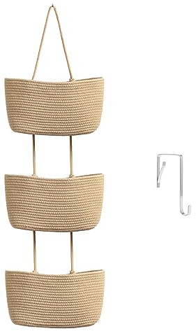 TeoKJ Hängekorb für die Tür, 3-stöckig Wandorganizer Hängend Veranstalter lagerung körbe aus Baumwollseil Gewebt mit Haken für Wand, Hängeregal Bad, Hängekorb für obst – Honigfarbe