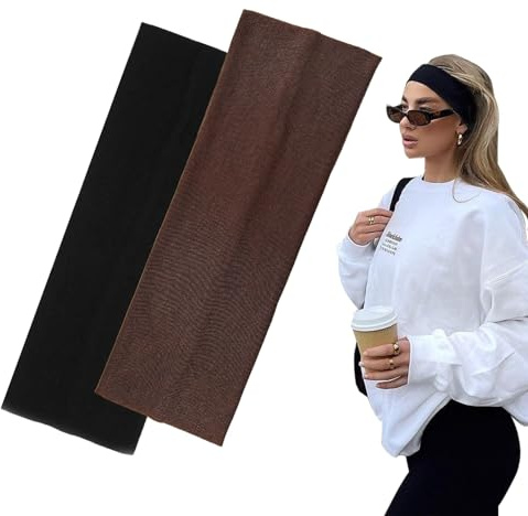 Yedtreg Haarbänder für Damen und Herren, 7 cm breit, Schwarz, 2 Stück, modische Stirnbänder für Damenhaar, weicher Stoff, dehnbare Haarbänder für Make-up, Yoga, Laufen, Sport