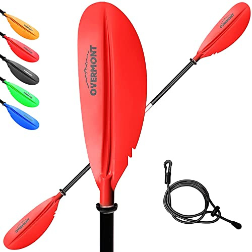 OVERMONT Paddel Aluminium Doppelpaddel 230 cm mit Paddle Leash Verstellbaren Paddel-Blätter Leicht für Kanusport Kajakfahren Kanadier Boot Ruderboot Rot
