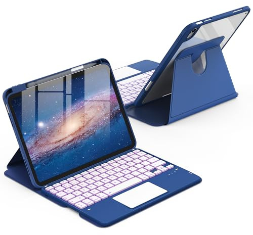 CACOE Drehbare Hülle mit Tastatur für iPad (A16) 11/10 Generation (11/10.9 Zoll) 2025/2022 mit Touchpad, 7-Farbige Beleuchtung Abnehmbare Kabellose Tastatur 360° Drehung mit Standfunktion,Ozeanblau