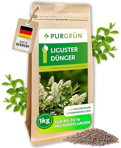 Purgrün® Liguster-Dünger 1 kg – Extra Magnesium für sattgrüne Blätter – Erhöhte Widerstandskraft dank Kalium – Schnelles Wachstum für eine dichte Hecke – Heckendünger für ca. 30 Heckenpflanzen