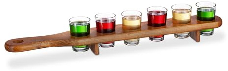 Relaxdays Schnapsbrett Holz 2er Set, 6 Schnapsgläser, 4 cl, braun | 2 halber Meter, tolle Geschenkidee, Shotbrett