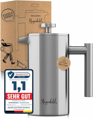 Morgenheld Premium French Press Edelstahl 1000 ml + 3 Ersatzfilter Stempelkanne isoliert Kaffeepresse 1l thermo Isolierkanne Kaffeebereiter doppelwandig Kaffeekanne 1000ml Kaffeedrücker Frenchpress