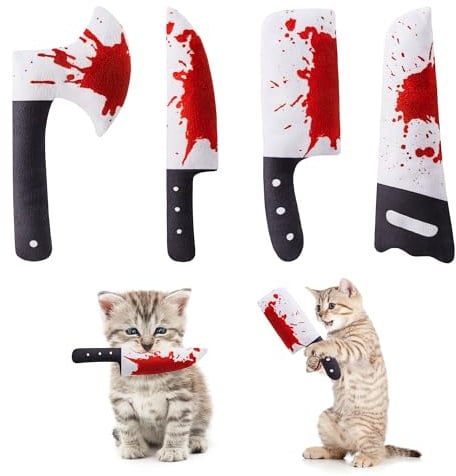Potaroma Katzenkissen im Horror-Messerdesign, 4er-Set mit Katzenminze | Mit Knistergeräusch, interaktives Spielzeug zur Beschäftigung und Bewegung für Wohnungskatzen aller Rassen, 16,5 cm