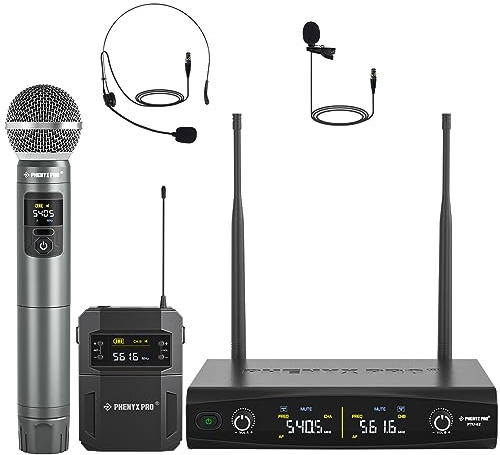 Phenyx Pro Kabelloses Mikrofon-Set mit Handmikrofon/Bodypack/Headset/Lavalier-Mikrofonen, 2x30 UHF-Frequenzen, ideal für Gesang, Karaoke, Kirche, DJ (PTU-52B)