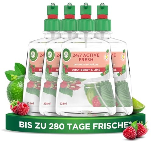 Air Wick Active Fresh – Aeorosolfreier, automatischer Lufterfrischer – Raumduft Juicy Berry & Lime – 4 x 228 ml Nachfüller