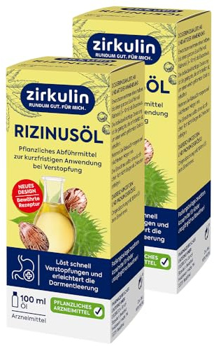 Zirkulin Raffiniertes Rizinusöl, pflanzliches Abführmittel zur kurzfristigen Anwendung bei Verstopfung, Lösung innerhalb weniger Stunden, geschmacksneutral und vegan, 2 x 100 ml Öl