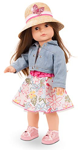 Götz 2190321 Precious Day Girl Elisabeth Minimaxi Puppe 46 cm Stehpuppe | 8-tlg, für Kinder ab 3 Jahren, braune Haare, braune Schlafaugen, Outfit mit Jeansjacke, frisierbar, Weichkörper