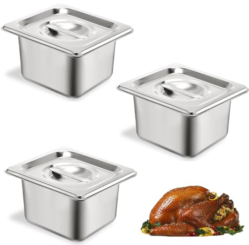 ORFCP GN Behälter 1/6, Gastro Behälter, Edelstahl mit Deckel, 3 Stück | 17,5 x 16,2 x 10 cm Edelstahlbehälter, Gastronormbehälter für Schnitzel Fleisch Fisch, Warmhaltebehälter Essen