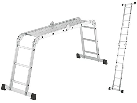 Hailo M60 Alu-Universalleiter - Kombileiter 4 x 3 Sprossen belastbar bis 150 kg - Mehrzweckleiter als rutschfeste Arbeitsbühne, Anlegeleiter, Stehleiter verwendbar - 6 Sicherheitsgelenke - Silber
