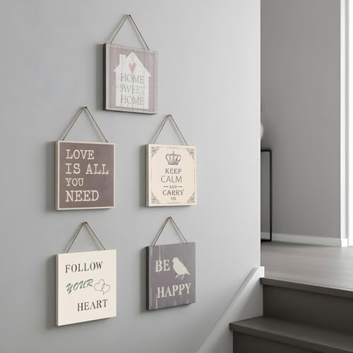 levandeo 5er Set Wandbilder 20x20cm Motivationsbilder Shabby Chic Vintage Home Deko Sprüche Wanddeko Kordel Glitzer
