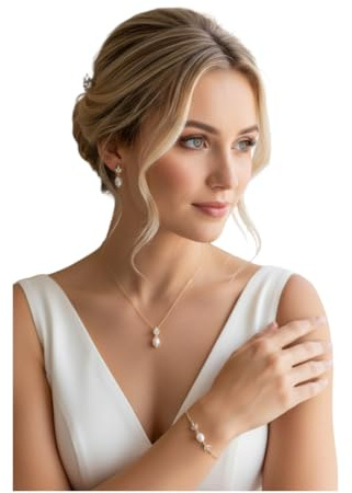 ONDEGO® GOLD 3er PERLEN Set Zirkonia Strass Schmuck Kette Schmuckset Armband Kommunion Ball Abiball Hochzeit Brautschmuck