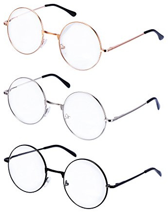 Mudder 3 Paar Retro Metall Brille mit Klarem Glas - Runde Unisex Brillenfassung im Vintage Look, Schwarz, Gold & Silber