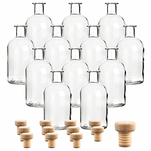 gouveo 12er Set Apothekerflaschen 250 ml (0,25 l) Apothekerflasche 250 ml rund (Klarglas) mit Holzgriffkorken, Enghals-Glasflaschen zum Befüllen für Likör, Öl, Essig, Sirup (AFRT250HGK)