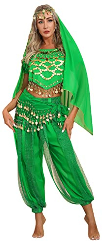 Yeahdor Damen Bauchtanz Kostüm Set Pailletten Bauchtanz Oberteil Mit Mützen Haremshose Hüftschal Schleier Karneval Fasching Cosplay Party Verkleidung A Grün Einheitsgröße