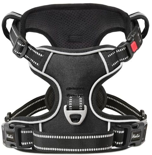 HEELE Hundegeschirr, Brustgeschirre für Hunde, Laufgeschirre Hund mit abschließbarem Schnappverschluss, einstellbare reflektierende Hundegeschirre, Offen am Hals, Anti Zug Dog Harness, Schwarz, L