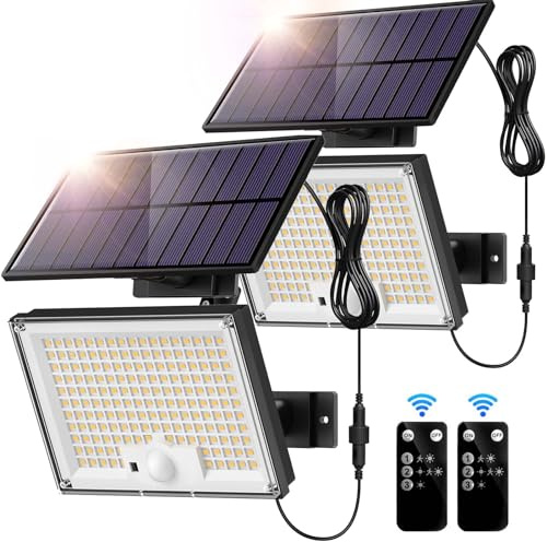SIGRILL Solarlampen mit Bewegungsmelder 172LED, Solar Strahler IP65 Außenwandleuchte, Gartenleuchten mit 5m Kabel, Solarleuchten für Außen, Garage (2 Stück-Kaltes Licht)