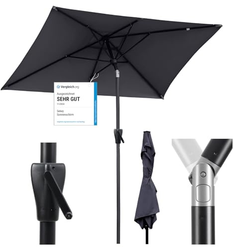 Sekey Aluminum Sonnenschirm mit Kurbel und Knicker, 210 × 140 cm Sonnenschirm Rechteckig für Balkon Garten & Terrasse Sonnenschutz UV 50+, Grau