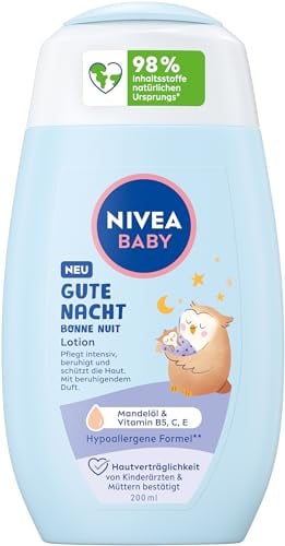 NIVEA Baby Gute Nacht Lotion, Bodylotion pflegt zarte Babyhaut mit Mandelöl, Vitamin E, C und B5, vegane Babylotion mit hypoallergener Formel ohne Parabene und Mikroplastik (200 ml)
