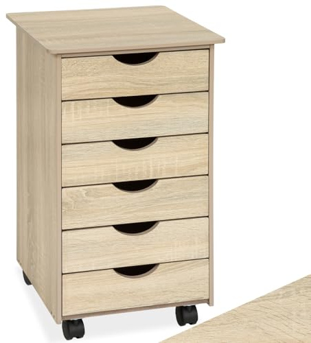 tectake® Rollcontainer mit Schubladen, Schubladenschrank 6x Schublade, mit Rollen, Büro Organizer, Schreibtisch Schrank, Rollwagen Unterschrank, Aufbewahrungsschrank Office - Holz hell, Eiche Sonoma