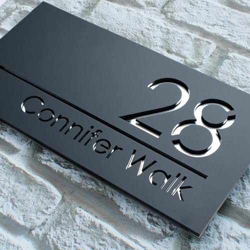 Hausnummernschild, modernes Acryl, lasergeschnitten, 3D-Hausnummer, Adressschild mit Straßenname (Schwarz/Silber)